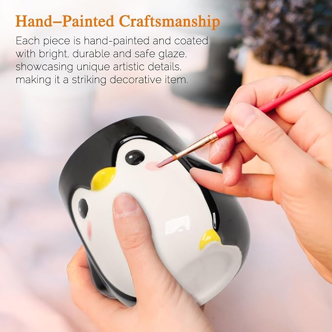 Penguin Pen Holder, Cute Pencil Cup, Ceramic Office Decor，Multifunctional Toothbrush Holder & Makeup Brush Storage, Gift for Couples Coworkers，Male Penguin