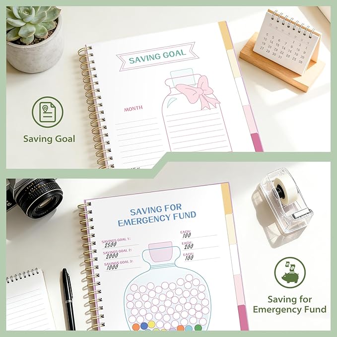 Ospelelf Budget Planner and Monthly Bill Organizer, Spiral Bindding Money Expense Tracker with Pockets & Stickers, 9" X 11" Large Pages for Spacious Writing, Original Fun Colorful Design, 12 Month Financial Notebook Green Floral