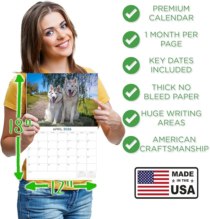 2025 2026 Siberian Husky Calendar - Dog Breed Monthly Wall Calendar - 12" x 18" Open - Thick No-Bleed Paper - Giftable - Academic Teacher's Planner Calendar Organizing & Planning - Made in USA