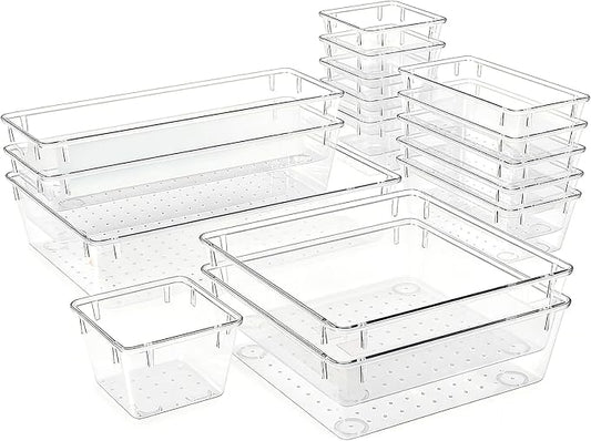 Clear Acrylic Drawer Organizer Trays, 5 Size Junk Box Organization Small Storage Container Bin for Desk Makeup Bathroom Vanity Kitchen Tool Make Up Workspace Home Dorm Apartment Office Room Nightstand