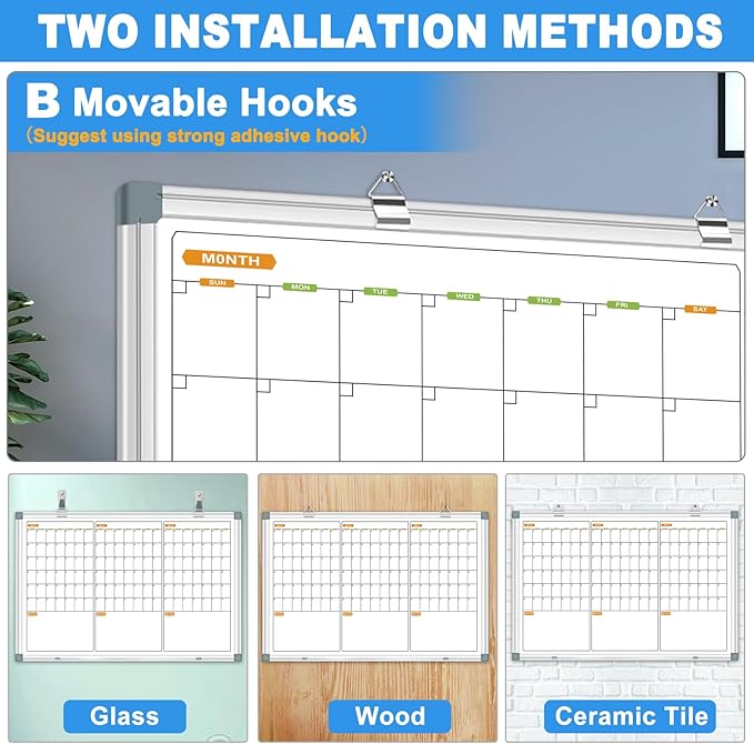 3 Month Wall Calendar Whiteboard, Quarterly Whiteboard Calendar for Wall, 48x28 Inch Magnetic Dry Erase Board, Wall Hanging Aluminum Frame with Tray for Home, School, Office