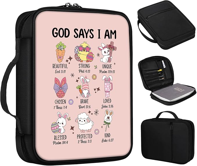 Bible Cover, God Says I Am Beautiful Bible Case with Handle and Zippered Pocket Standard Size Holy Bible Bag Women Gifts, Church Bag Portable Bible Carrying Book Case for Bible Study