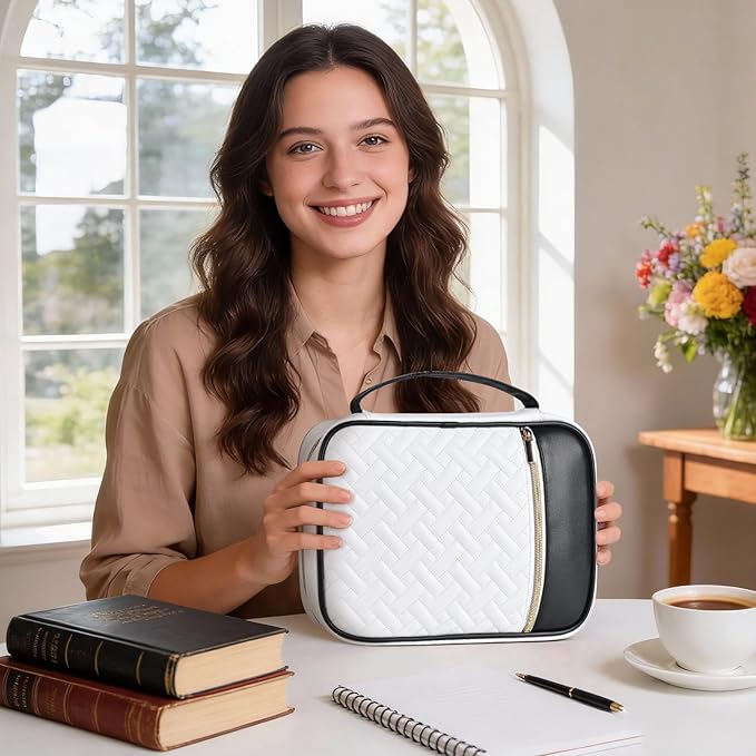 Bible Cover Case for Women, Quilted Large PU Leather Bible Carrying Book Case with Handle, Bible Bag Study Supplies Bible Carrier & Christian Gift for Women (Black and White)