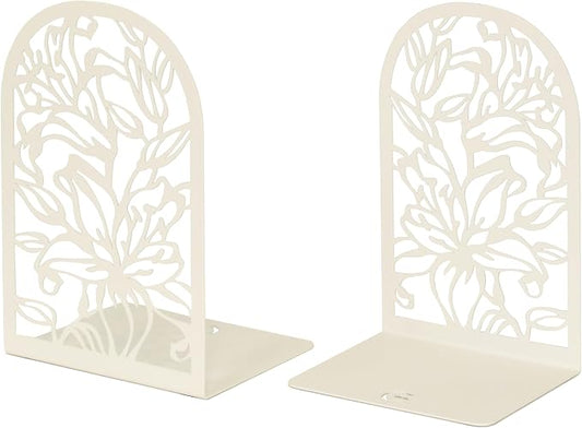 CNK Premium BookEnds - Metal Book Stoppers for Heavy Books, Home Office, Decorative Lily Flower White