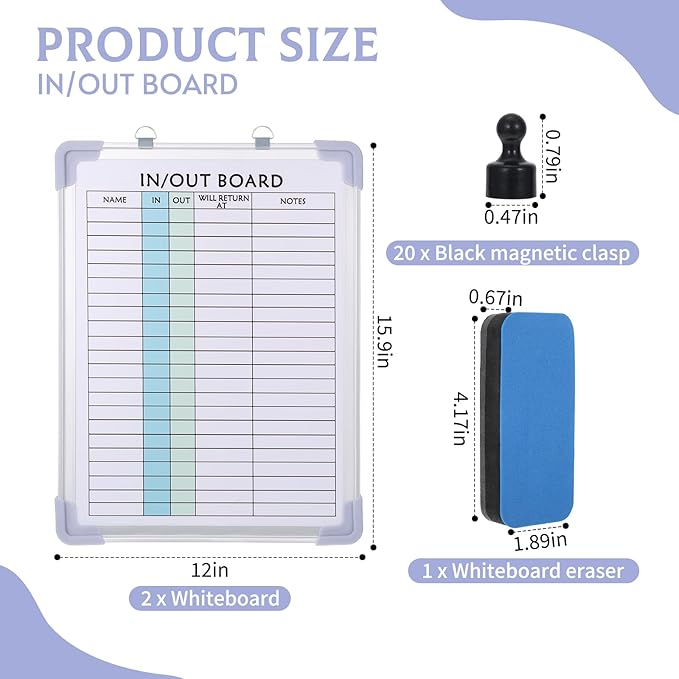 2 PCS in and Out Magnetic Dry Erase Boards 16" x 12", Aluminum Framed Lined Whiteboard with Eraser and 20 Magnets, Wall Mounted Employee Students in Out Board for Office & School Management