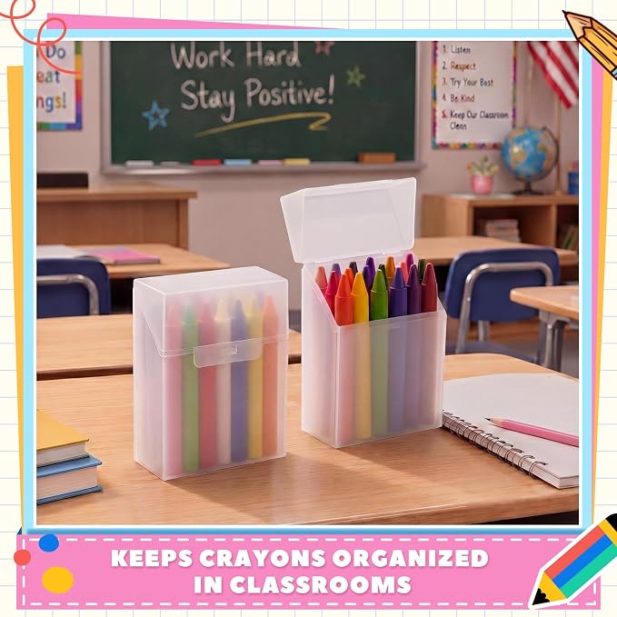 Clabby 2 Pcs Plastic Crayon Organizer Case for 24 Count Crayons Kids Art Supply Storage Box with Lid, Portable Holder for Classroom Home Travel, Fits Standard 24-Pack Crayon (Clear)