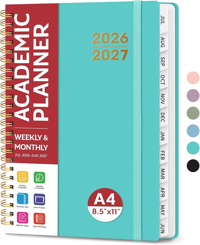 Planner 2026-2027 for Women & Men, Academic Monthly and Weekly Calendar Planner, Jul 2026 - Jun 2027, A4 (8.5" x 11"), Teacher Student Planning Book with Tabs, Ideal for Office School Supplies - Aquamarine
