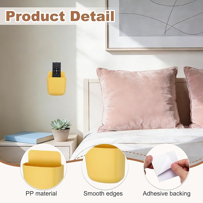 PATIKIL 4Pcs Remote Control Holder Wall Mount, Self-Adhesive TV Air Conditioner Control Holder Phone Charging Organizer for Home Office Bedroom Supply Pen Organizer, Yellow
