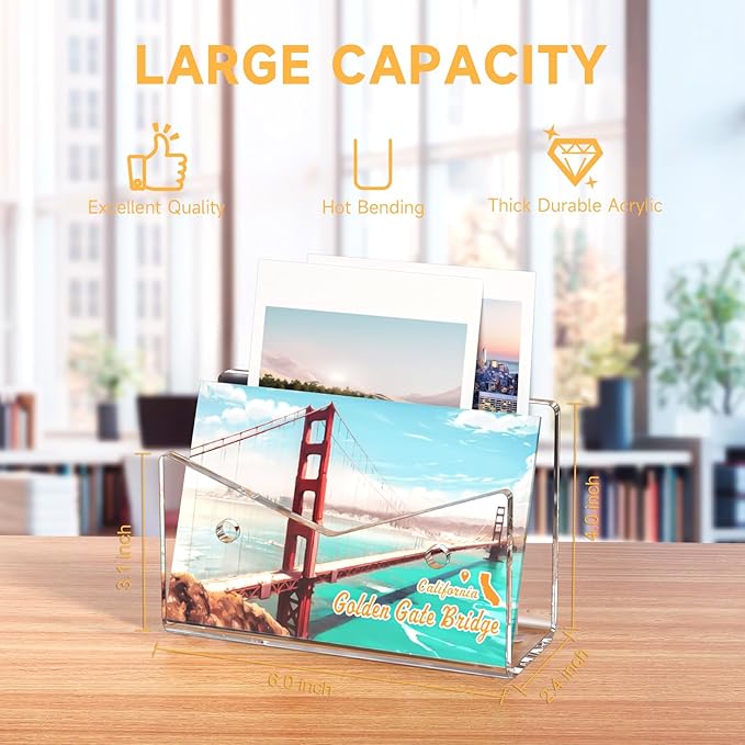 Mail Organizer Envelope Holder - Clear Acrylic Mail Holder Countertop Vertical Desk Organizer Small File Bill Document Notebook Letter Sorter for Home School Office Supplies
