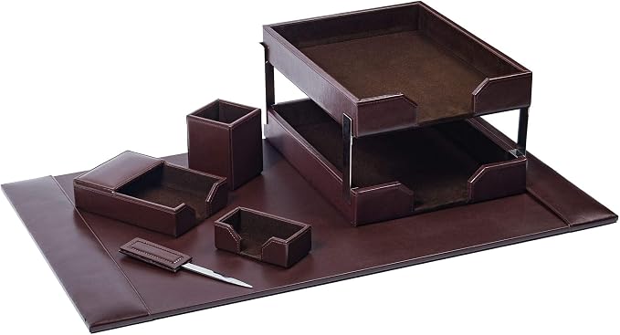 DACASSO Bonded Leather Desk Set - Luxury Leather Desk Pad & Desk Organization Essentials - Office Organization & Executive Desk Decor - (Dark Brown, 8 Piece)