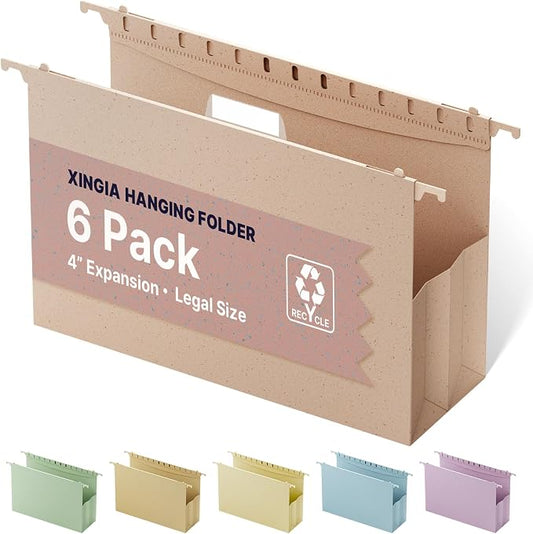 XINGIA Legal Size Hanging File Folders Extra Capacity, 4'' Expandable Legal File Folders Hanging with Tabs,6 Pack Plastic Hanging File Organizer,File Cabinet Folders for Office, School, Home