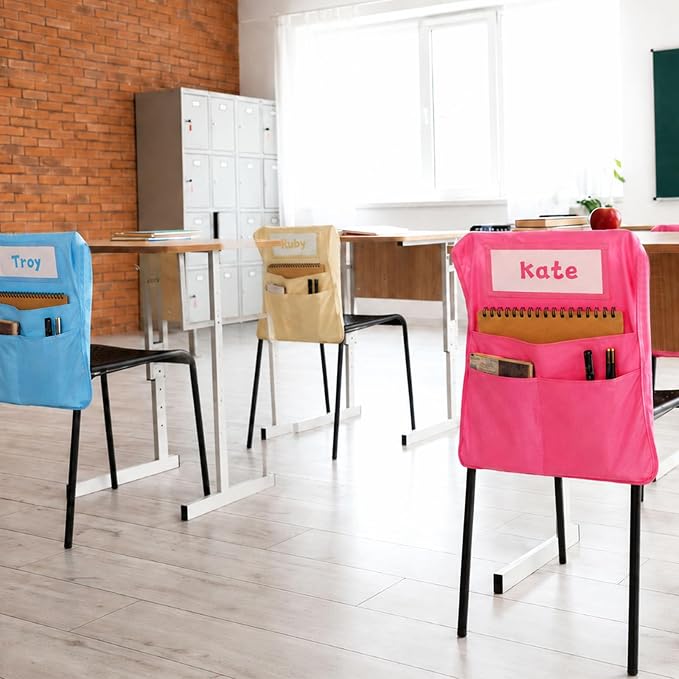 24pcs for Classroom 16.3x19.7inch Classroom Chair Pockets with Name Tag 3 Pockets Chair Organizer for Teacher Student School Office(Pastel)