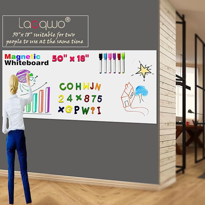 Magnetic Dry Erase Whiteboard Paper for Wall 50" x 18" Self Adhesive White Board Sticker with 12 Magnet Marker and Magnetic Eraser for Office Home Whiteboard Wallpaper Peel and Stick