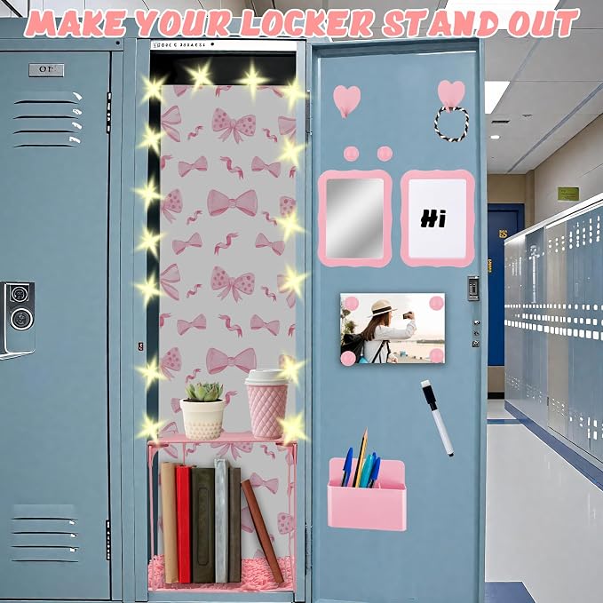 16 Pcs Locker Accessories Kit Pink Locker Organizer Decorations Include Bow Wallpaper String Light Magnetic Whiteboard Mirror Storage Cup Marker Rug Organizing Shelf for Back to School Supply