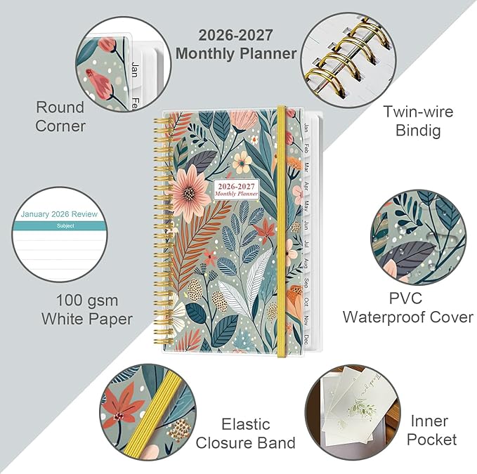 2026-2027 Monthly Planner - January 2026 - June 2027, Two Pages Per Month, 18 Monthly Calendar/Planner with Tabs, Strong Twin-Wire Binding, Inner Pocket, 3.75" x 6.5", Flower-A
