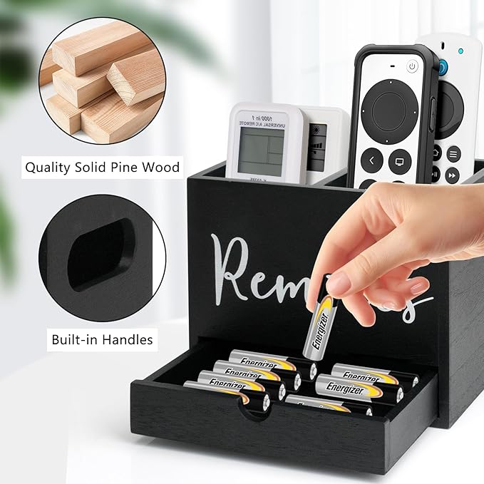Remote Control Holder, 2 Slot TV Remote Holder& Desk Organizer with Drawers, Remote Organizer Caddy for Table, Wooden Remote Box for Nightstand,Media Storage Box for Living Room, Bed (Black)