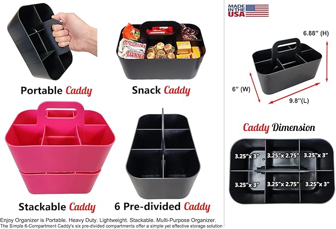 Small Stackable Plastic Caddy with Handle 6 Compartment | Desk, Makeup, Dorm Caddy, Classroom Art Organizers - 4 Pack, Made In USA (Hot Pink)