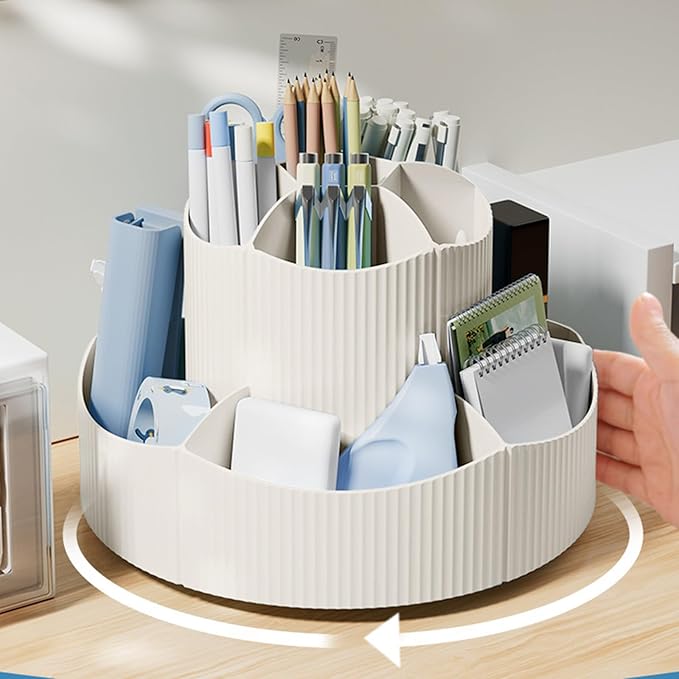 Desk Organizer, 11 Slots 360-Degree Rotating Pencil Pen Holder for Desk, Desktop Storage Pen Organizers Stationery Supplies, Art Supply Storage Box Caddy for Office, Home (Beige)