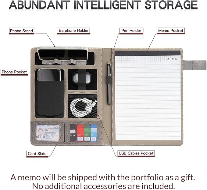 Gift for Men Portfolio Binder, Padfolio Folder All-in-One, Organizer Folder for Colleague Staff, with Card Slots, Writing Pad, Memo, Perfect for Men Christmas, Birthday, Anniversary, Fathers Day, Grey