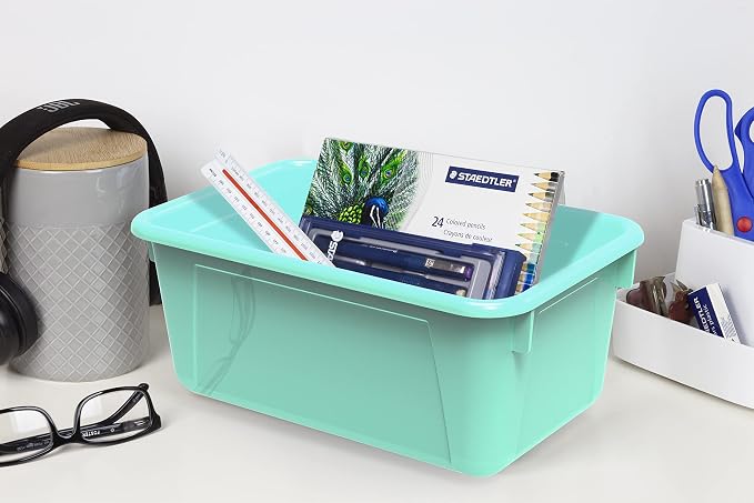 Storex Small Cubby Bins – Plastic Storage Containers for Classroom, 12.2 x 7.8 x 5.1 inches, Class Teal, 5-Pack (62420A05C)