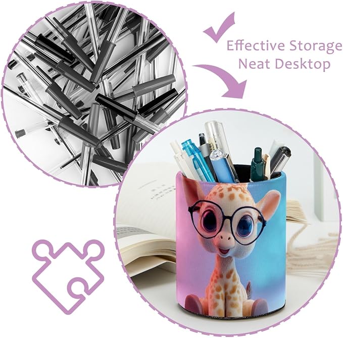 Leather Pen Holder for Desk, Cartoon Giraffe Makeup Brushes Holder Pencil Cup Multifunctional Desktop Organizer Caddy for Home School Office Desk Accessories