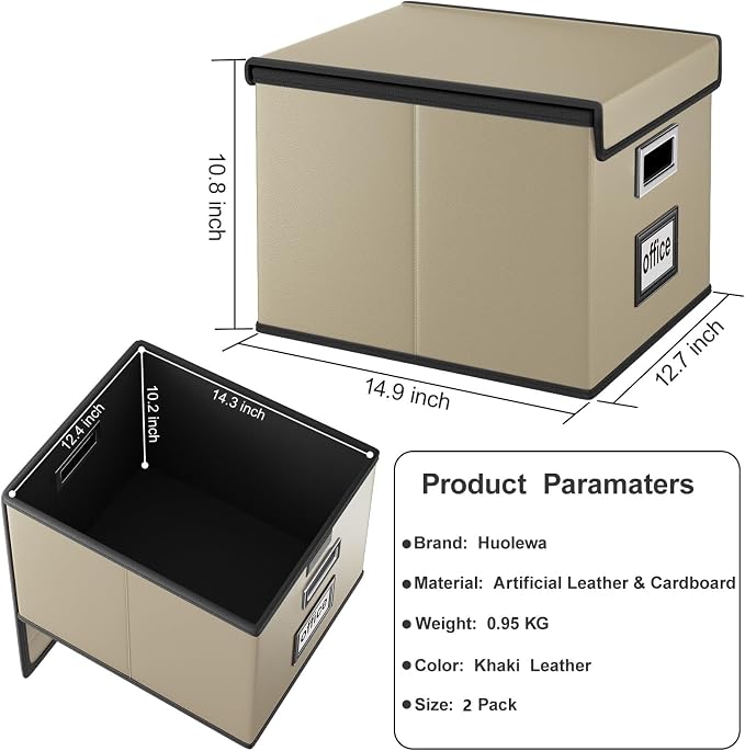 File Organizer Boxes with Lids, Collapsible Faux Leather Hanging File Folder Box Organizer with Plastic Slide, Decorative Home/Office Filing System Boxes for File and Folders Storage