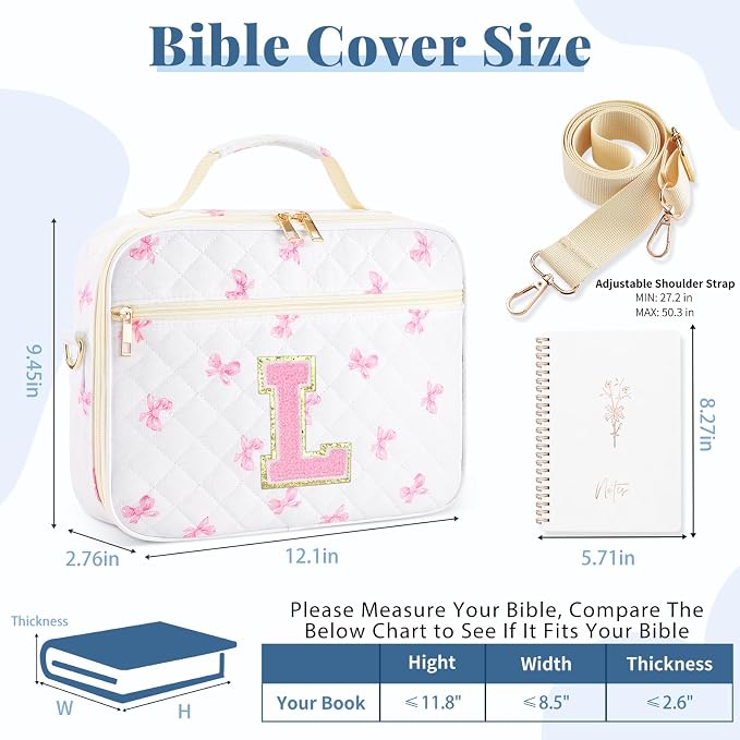 Personalized Initial Bible Cover Case for Women, Large Quilted Bible Bag with Durable Handle, Stylish Church Bag Journaling Kit with Study Supplies Accessories, Christians Gifts for Women (Pink-L)