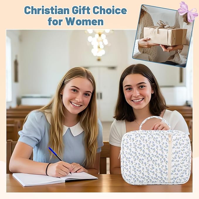 Dntorx Quilted Bible Cover Case for Women with Handle, Bible Bag with Zippered Pocket, Blue Floral Bible Case for Girls, Bible Study Supplies Kit, Large Size