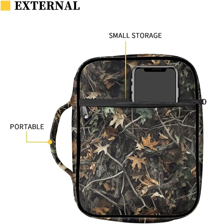 Suobstales Hunting Camo Forest Leaves Print Bible Covers for Women Men Lightweight Bible Bag Bible Accessories with Handle and Zippered Pocket Bible Tote Bag for Kids