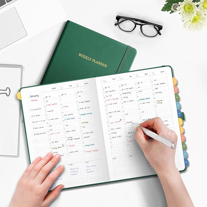 Undated Appointment Book, Hourly, Daily, 52 Weekly & 12 Monthly Planner, 6 AM - 8 PM, Medium Size (5.7" x 8.3"), Leather Hardcover, 12 Self-adhesive Monthly Tabs (Dark Green)
