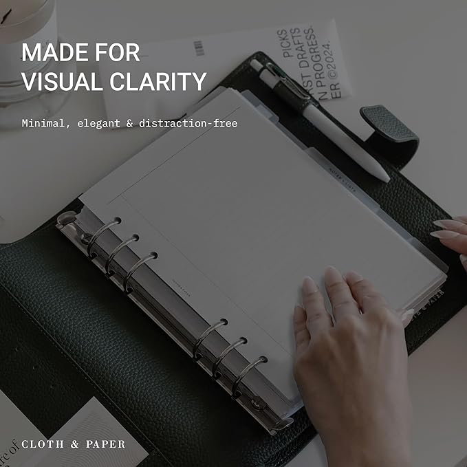 Cloth & Paper Task Planner Inserts – A5 Size 5.8 x 8.3 Inches | 6-Ring To-Do List 15 double sided Daily Planner Organizer Refills | Minimalist Design | Premium Paper for Notes & Reminders