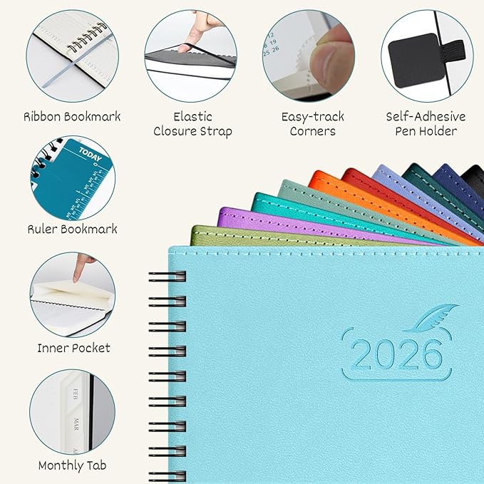 BEZEND 2026 Planner Weekly and Monthly (8.5" x 11" Spiral) Daily Calendar with Hourly Timeslots & Tab (Jan-Dec) Note & Expenses, Pen Holder, Inner Pocket, Vegan Leather Softcover - Blueberry
