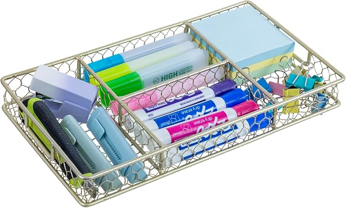 MyGift 4 Compartment Vintage Brass Tone Metal Chicken Wire Desk Organization Tray with Handles, Office Desktop Supplies Storage or Makeup Accessories Drawer Organizer