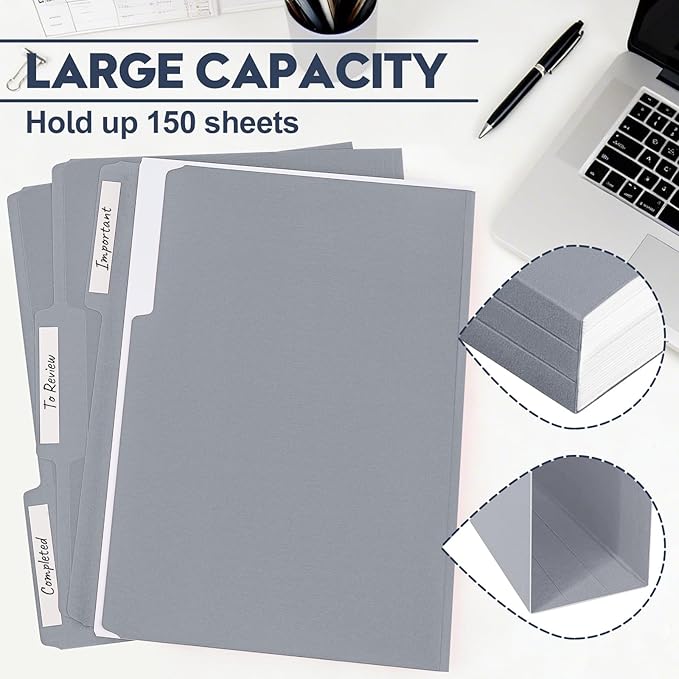 File Folders,150 Pack 1/3 Cut Tab Bulk Colored File Folders,Letter Size 8.5" x 11",Durable Paper Folders with Blank Labels for Office Business School Home Use,Cold Gray