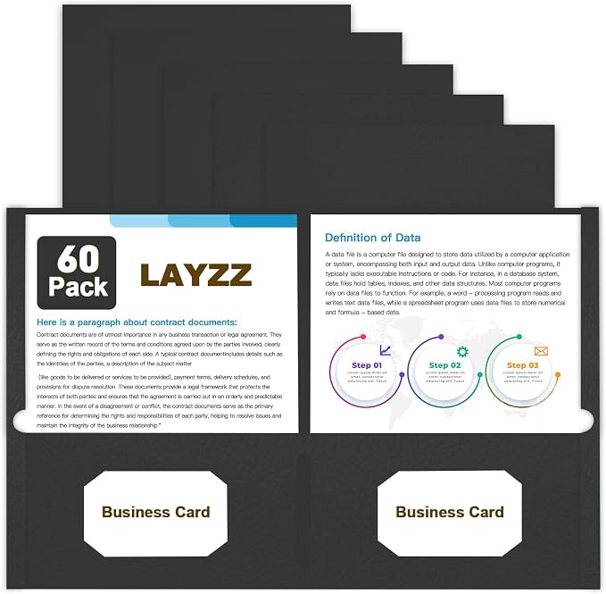 Folders with Pockets, LAYZZ 60 Pack Paper Pocket Folders, 2 Pocket File folders Fits Letter Size Paper, for School Office and Home (Black)