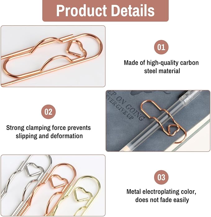 15 Pack Pen Holder for Notebook - Heart Shaped Metal Pen Clips, Gold Silver Rose Gold Notebook Pen Holder, Journal Pen Holder Clip for Office School Supplies