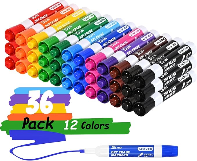 SUIN Dry Erase Markers, Chisel Tip Whiteboard Markers for Classroom and Office, Broad & Fine Lines, Wipe Clean & Ghost-Free, Works on Glass and Laminated Sleeves, Assorted 12 Colors, 36 Count