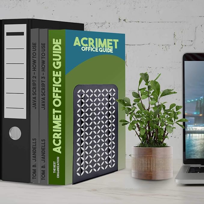 Acrimet Bookends for Shelves, Non-Skid Book Holder, Heavy Duty Steel Metal Book Ends for Home, Library, 6 7/8" H x 4" W x 4 1/2" D (Black Bookends with Silver Design) (1 Pair / 2 Pieces)