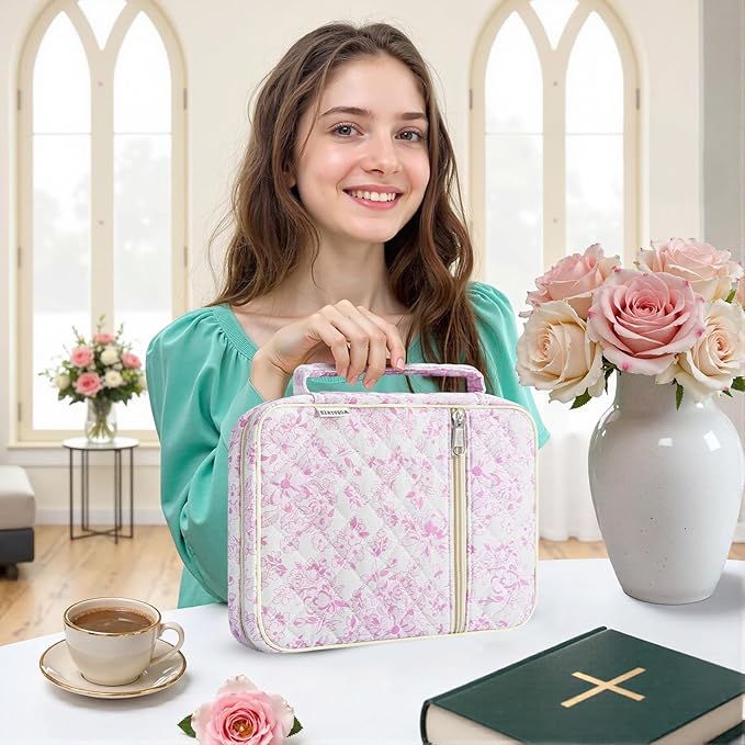 WOBAGMEN Bible Cover Case for Women,Large Bible Tote Bags Organizer Quilted Carrying Case for Girls,Bible Study Supplies Accessories Christian Gifts for Women (Purple Floral, M)