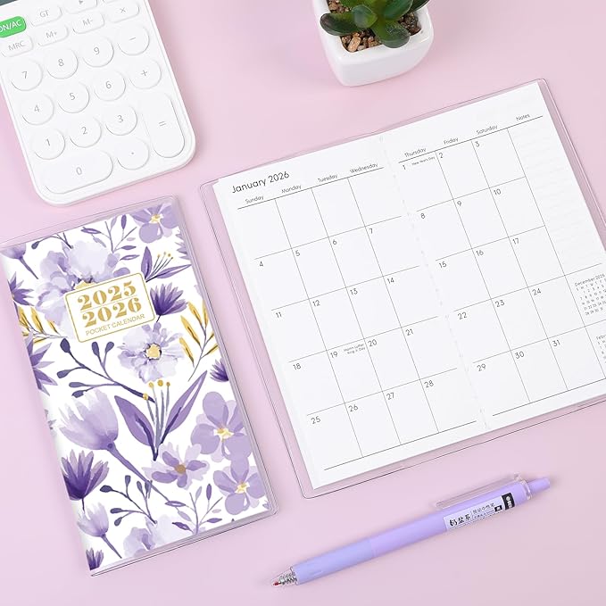KONVINIT Pocket Calendar 2025-2027, Purple 2025-2027 Monthly Planner - 3.7" x 6.7" - Runs from July 2025 Until December 2027, Small Pocket Calendar 2026 with PVC Cover for Planning