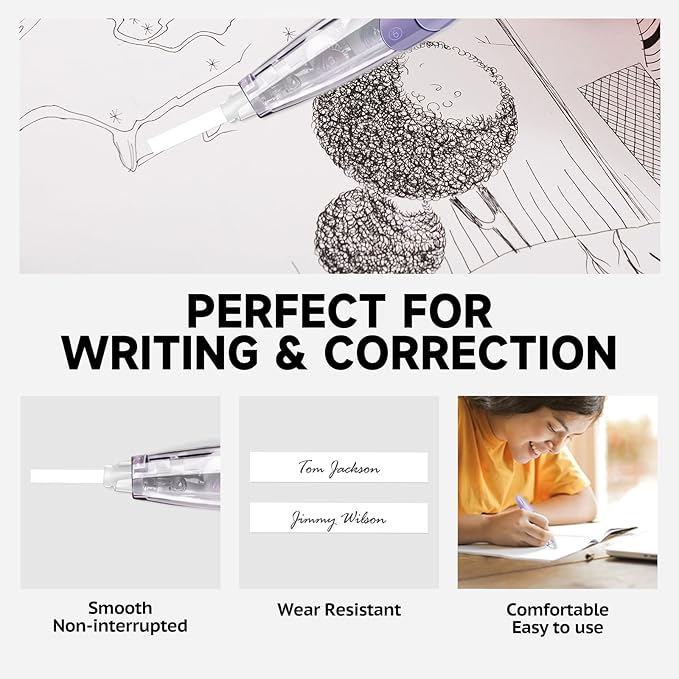 Refillable Retractable White Correction Tape, Pen Shaped White Smooth Pull Out Japanese Aesthetic Cute Correction Tape for Office Supplies, 4 PCS (ZH-87)