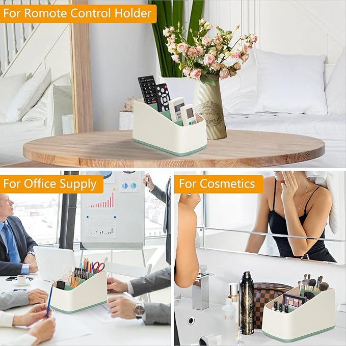TV Remote Control Holder Organizer Box with 4 Compartments Remote Caddy Tray Table Desk Desktop Storage Organizer for Media Player，Makeup Brush,Pencil,Glassees，Office Supplies（Green）