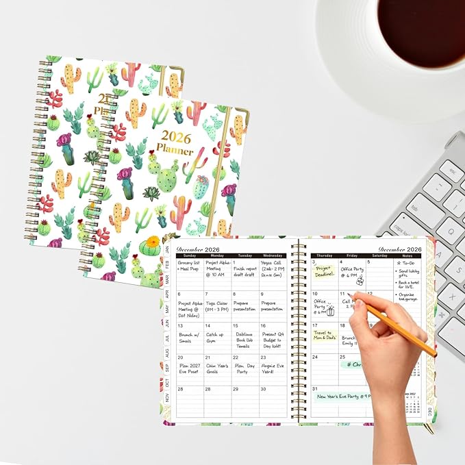 2026 Planner Weekly and Monthly,A5 Hardcover Calendar Jan 2026 to Dec 2026,Cute Cactus Aesthetic Agenda with Tabs,100GSM Thick Paper,Back Pocket & Elastic Closure for Women Teacher Student