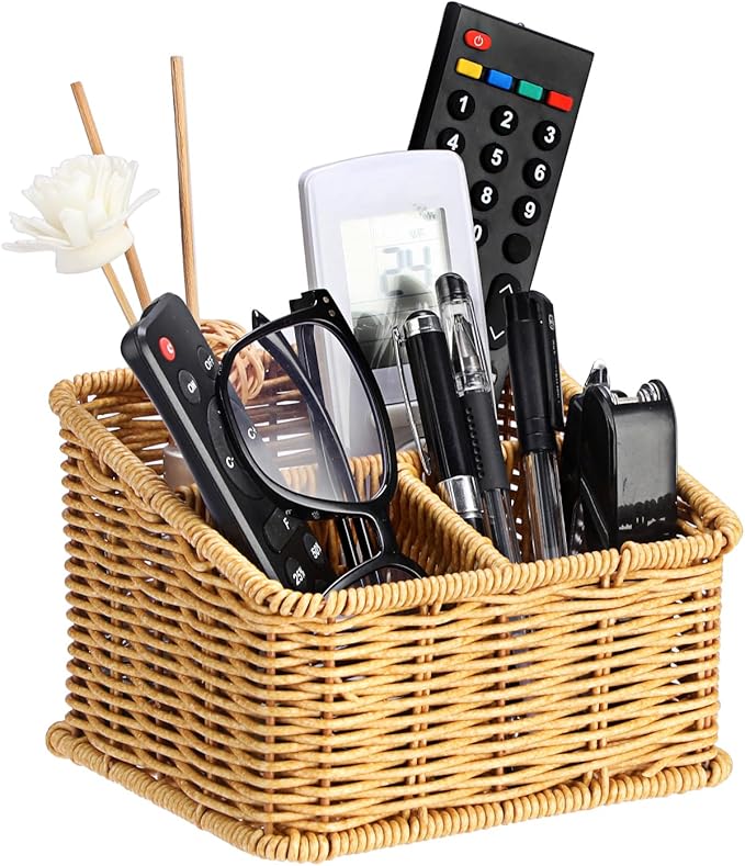 BTSKY 3 Slots Natural Woven Remote Control Holder for Desk Rattan Media TV Caddy Storage Holder Office Supply Storage Rack Desk Accessories Organizer For Living Room Bedroom Countertop, Beige