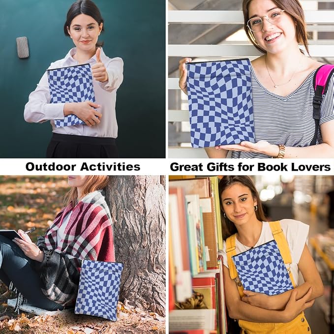Wave Blue Plaid Book Lovers Gifts Book Sleeve Vintage Checkered Waterproof Book Cover Book Pouch Book Protector with Front Pocket Book Club Christmas Birthday Gifts for Women Girl Book Accessories