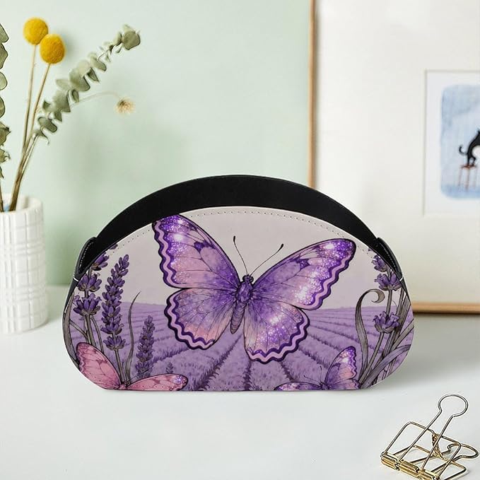 Butterfly Lavender Spike TV Remote Control Holder with 5 Compartments PU Leather Storage Container Caddy Desktop Organizer for Media Player Makeup Brush Pencil Glasses Office Supplies