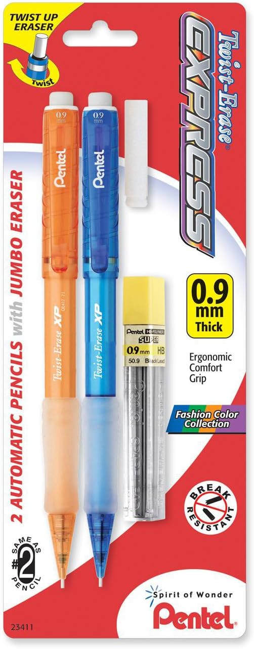 Pentel Twist-Erase Express Automatic Pencil with Lead and Eraser, 0.9mm (QE419FLEBP2), Assorted