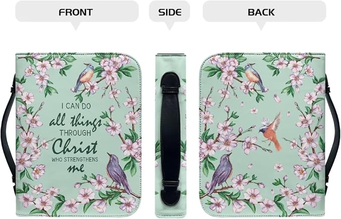 Christian Scriptures Psalms Birds and Flowers Leather Bible Cover with Handles,Green Zippered Bible Carrying Case for Women, Bible Tote Bag, Christian Gifts,Christian Gifts,Medium
