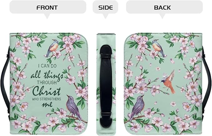 Christian Scriptures Psalms Birds and Flowers Leather Bible Cover with Handles,Green Zippered Bible Carrying Case for Women, Bible Tote Bag, Christian Gifts,Christian Gifts,Small