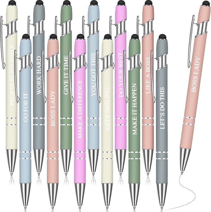 Zonon 12 Pcs Inspirational Pens Gift Set Funny Ballpoint Pen with Stylus Tip Motivational Graduation Gifts Bulk for Teacher Coworkers Nurse School Office Supplies(Morandi,Boss Lady)